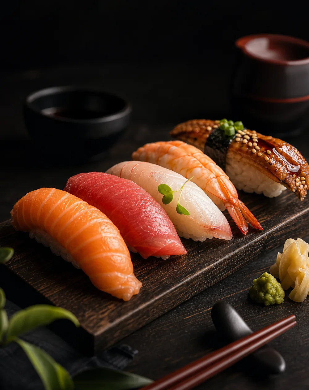 Plato de nigiri variado sobre tabla de madera oscura